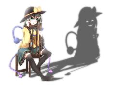  ^_^ black_thighhighs chair closed_eyes commentary_request female green_eyes grey_hair hand_in_own_hair hat hat_ribbon komeiji_koishi midori_(misuriru8) ominous_shadow open_mouth photoshop_(medium) ribbon shirt sitting skirt solo thighhighs third_eye touhou zettai_ryouiki 