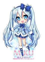  2012 blue_eyes blue_hair blush boots bow character_name chibi commentary_request female hairbow hatsune_miku knee_boots long_hair mittens open_mouth platinum_fantasia skirt smile solo twintails very_long_hair vocaloid yuki_miku yuki_miku_(2012) 