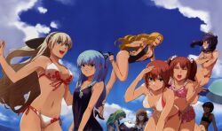  6+girls :d absurdres ao_no_kiseki barefoot bikini bikini_skirt blonde_hair blue_hair blush bracelet breasts cecile_neues cleavage clenched_teeth closed_eyes cloud covering_breasts covering_privates day dutch_angle eiyuu_densetsu elie_macdowell enami_katsumi floral_print fran_seeker front-tie_top green_eyes grey_hair groin hair_ribbon hairband half_updo high_heels highres ilya_platiere jewelry kea_(eiyuu_densetsu) large_breasts leaning_forward long_hair medium_breasts mishy multiple_girls navel noel_seeker o-ring o-ring_bottom one-piece_swimsuit open_mouth outdoors polka_dot polka_dot_bikini polka_dot_swimsuit ponytail ribbon rixia_mao salute shoes side-tie_bikini_bottom sky slingshot_swimsuit small_breasts smile sully_atraid swimsuit teeth tio_plato twintails yellow_eyes zero_no_kiseki 