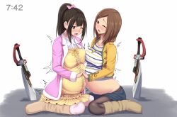  2girls ahim_de_famille black_hair blush breast_press breasts brown_eyes brown_hair brown_shoes coupe50 female hair_ribbon hand_holding jewelry kaizoku_sentai_gokaiger large_breasts long_hair luka_millfy multiple_girls navel necklace open_mouth pantyhose pregnant red_eyes ribbon shaking shoes simple_background sitting super_sentai sweat sword symmetrical_docking weapon white_background wink 