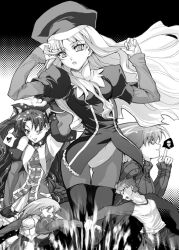  1boy 4girls ahoge animal_ears artoria_pendragon_(fate) caren_hortensia cat_ears commentary_request dark_sakura dress emiya_shirou fate/hollow_ataraxia fate/stay_night fate_(series) fuzuki_yoshihiro greyscale hair_down hat kaleido_ruby layered_sleeves lips long_hair magical_girl matou_sakura matou_zouken monochrome multiple_girls one_eye_closed pantyhose raglan_sleeves saber_(fate) striped tohsaka_rin turtleneck vertical_stripes 