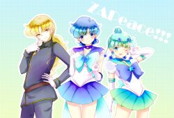  1boy 2girls amazons_quartet androgynous aqua_background back_bow bishoujo_senshi_sailor_moon bishoujo_senshi_sailor_moon_(first_season) bishoujo_senshi_sailor_moon_stars blonde_hair blue_choker blue_eyes blue_hair blue_sailor_collar blue_skirt bow brooch choker commentary_request elbow_gloves gloves hair_bun heart heart_brooch jewelry long_hair magical_girl mizuno_ami multiple_girls one_eye_closed pallapalla_(sailor_moon) ponytail ribbon sailor_collar sailor_mercury sailor_pallas sailor_senshi sailor_senshi_uniform short_hair single_hair_bun skirt star_(symbol) star_brooch star_choker super_sailor_mercury tiara torao_(torakmn) v white_gloves zoisite_(sailor_moon) 