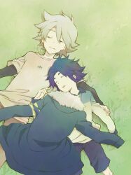  2boys bad_id bad_pixiv_id blue_hair closed_eyes fubuki_shirou grass hakuren hami_(lvct) inazuma_eleven_(series) inazuma_eleven_go jacket lying male_focus multiple_boys open_mouth photoshop_(medium) sleeping soccer_uniform sportswear white_hair yukimura_hyouga 