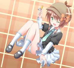  ;d akeyama brown_hair commentary_request eating female full_body green_eyes hat highres legs necktie one_eye_closed open_mouth panties photoshop_(medium) school_uniform shoes short_hair simple_background sitting smile socks solo tantei_opera_milky_holmes underwear upskirt yuzurizaki_nero 