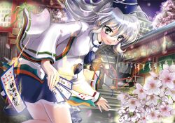  blush cherry_blossoms commentary_request female flower grey_eyes grey_hair hajike_akira hat japanese_clothes kariginu lantern mononobe_no_futo ofuda petals photoshop_(medium) rope shide skirt solo tate_eboshi temple touhou 