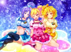  3girls ;d aono_miki black_legwear blonde_hair blue_background blue_footwear blue_skirt boots bow choker commentary_request corset crossed_legs cure_berry cure_peach cure_pine eyelashes fresh_precure! full_body group_picture hair_ornament hairband heart heart_hair_ornament knee_boots kneeling long_hair magical_girl midriff momozono_love multiple_girls navel neue_takuya one_eye_closed open_mouth orange_choker orange_eyes orange_hair painttool_sai_(medium) pink_bow pink_choker pink_eyes pink_footwear pink_skirt pink_wrist_cuffs precure purple_eyes purple_hair short_hair side_ponytail sitting skirt smile thighhighs thighhighs_under_boots twintails wrist_cuffs yamabuki_inori yellow_skirt zettai_ryouiki 