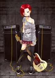  amplifier bad_id bad_pixiv_id bass_guitar black_thighhighs cable collar earrings english_text engrish_text female fender_jazz_bass fender_musical_instruments_corporation head_tilt highres instrument jewelry loose_thighhigh maeda_risou mouth_hold off_shoulder original punk ranguage red_eyes red_hair shoes short_hair skirt sneakers solo standing star_(symbol) tattoo thighhighs 