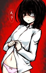  another black_hair blush commentary_request eyepatch female misaki_mei navel panties pink_panties red_eyes roki_(hirokix) solo translated underwear undressing 