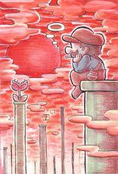  1boy ?_block cigarette cloud commentary_request egasumi male_focus mario mario_(series) no_eyes oda_takashi piranha_plant red_sky red_sun sitting sky smoking solo warp_pipe 