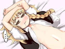  ... arms_up blonde_hair blush braid brown_eyes commentary_request empty_eyes female gigokku kirisame_marisa long_hair navel open_clothes open_mouth open_shirt saliva shirt solo tears touhou 