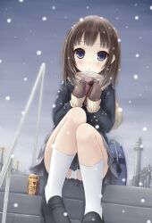  :o bag blazer blue_eyes blush box brown_hair can canned_coffee commentary_request drink_can dutch_angle female gift gloves jacket long_hair looking_at_viewer open_mouth original panties pantyshot ryo_(botugo) scarf school_bag school_uniform sitting sitting_on_stairs skirt snowing solo stairs underwear upskirt valentine white_panties 