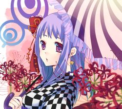  bow checkered commentary_request female flower gucchiann hair_ornament hairbow original purple_hair solo umbrella 