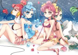  4girls amazons_quartet bindi bishoujo_senshi_sailor_moon bishoujo_senshi_sailor_moon_supers blue_background blue_eyes blue_hair blue_leotard bow breasts cerecere_(sailor_moon) ceru commentary_request earrings flower frills full_body green_eyes green_hair group_picture hair_bun hair_rings jewelry junjun_(sailor_moon) kneeling leotard medium_breasts multi-tied_hair multiple_girls pallapalla_(sailor_moon) pants photoshop_(medium) pink_eyes pink_flower pink_hair pink_rose red_eyes red_hair rose shoes short_hair sideboob single_hair_bun sitting small_breasts smile sparkle vesves_(sailor_moon) yellow_bow 