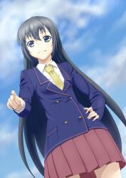  black_hair blazer blue_eyes cloud commentary_request copyright_request day female hand_on_own_hip highres iyakun jacket long_hair necktie sky smile solo 