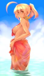  ahoge back bare_back blonde_hair breasts brown_eyes character_request commentary copyright_request dark-skinned_female dark_skin female gradient_sarong huge_ahoge large_breasts looking_back ocean orange_sarong ponytail sarong sideboob solo tro_(trombe) wading water wet 