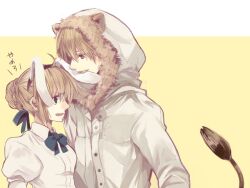  1boy ahoge alternate_costume animal_ears artoria_pendragon_(fate) biting blonde_hair blue_eyes bow braid braided_bun casual coat commentary_request dress ear_biting fake_animal_ears fate/stay_night fate_(series) female gilgamesh_(fate) hair_bun hair_ribbon hairband hood lion_ears lion_hood lion_tail machi_(machiruda) photoshop_(medium) puffy_sleeves rabbit_ears red_eyes ribbon saber_(fate) single_hair_bun tail upper_body 