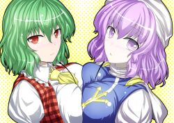  3girls antennae ascot between_breasts blue_dress blush breast_press breast_smother breasts capelet clothes_between_breasts commentary_request dress face_to_breasts green_hair hat kazami_yuuka large_breasts letty_whiterock looking_at_viewer multiple_girls purple_eyes purple_hair red_eyes shirt short_hair symmetrical_docking touhou vest when_you_see_it wriggle_nightbug y2 