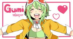  bad_id bad_pixiv_id blush chatubo female goggles goggles_on_head green_hair gumi gumi_(v3_megpoid) headphones heart jacket open_mouth short_hair smile solo suspenders vocaloid 