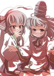  2girls blush commentary cosplay covering_own_mouth gaoo_(frpjx283) grey_eyes grey_hair hair_ribbon hat highres japanese_clothes kariginu konpaku_youmu konpaku_youmu_(ghost) mononobe_no_futo mononobe_no_futo_(cosplay) multiple_girls open_mouth ponytail ribbon short_hair smile tate_eboshi touhou 