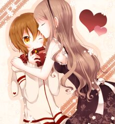  akane_(goma) akira_(goma) animal_ears blush breasts brother_and_sister brown_hair bunny_ears casual closed_eyes collarbone dress female gift goma_(11zihisin) hairband highres hood hoodie kissing long_hair original present ribbon short_hair siblings trap valentine wink yellow_eyes 