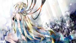  bandages bare_shoulders blindfold blonde_hair blue_dress commentary_request dress female headphones jewelry light_rays lily_(vocaloid) long_hair nail_polish necklace sitting snowflakes solo sunbeam sunlight tyouya very_long_hair vocaloid 