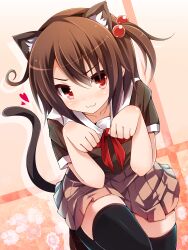  :3 animal_ears black_thighhighs borrowed_character brown_hair cat_ears cat_tail chiri_(atlanta) commentary_request dutch_angle fake_animal_ears female hair_bobbles hair_ornament heart highres leg_up loafers morinaga_koeda one_side_up original paw_pose photoshop_(medium) pleated_skirt red_eyes school_uniform shoes short_hair skirt solo tail thighhighs v-shaped_eyebrows zettai_ryouiki 