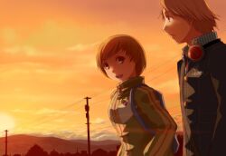  1boy backpack bag brown_hair commentary_request female hanamura_yousuke headphones jacket lens_flare persona persona_4 satonaka_chie school_uniform short_hair sky sunset track_jacket yuugure 