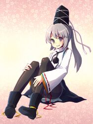  black_pantyhose boots commentary_request female grey_eyes grey_hair grin hat highres japanese_clothes kariginu kimarin long_hair mononobe_no_futo panties panties_under_pantyhose pantyhose ponytail ribbon sitting smile solo tate_eboshi thighband_pantyhose touhou underwear 