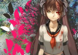  bad_id bad_pixiv_id beibei1987 blood blood_stain bow brown_hair ca_(maeda_koutarou) calne_ca_(deino) crustacean female hair_ribbon hairbow heterochromia isopod long_hair midriff neckerchief original photoshop_(medium) red_eyes ribbon saikin_osen_-_bacterial_contamination_-_(vocaloid) sailor_collar school_uniform serafuku solo twintails vocaloid yellow_eyes 