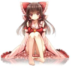  ascot bad_id bad_pixiv_id banned_artist bare_shoulders barefoot bow brown_eyes brown_hair collarbone detached_sleeves feet frilled_skirt frilled_sleeves frills full_body gradient_eyes hair_tubes hairbow hakurei_reimu highres knees_together_feet_apart light_smile long_hair long_sleeves looking_at_viewer multicolored multicolored_eyes panties pantyshot pantyshot_(sitting) reflective_floor shirt simple_background sitting skirt sleeves_past_wrists smile solo toenails toes touhou tsukiriran underwear white_panties wide_sleeves 