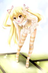  :d blonde_hair blush commentary_request female hair_ribbon highres leaning long_hair makishima_rin open_mouth orange_eyes papa_no_iu_koto_wo_kikinasai! photoshop_(medium) ribbon skirt smile solo striped_clothes striped_thighhighs takanashi_miu thighhighs twintails two_side_up 