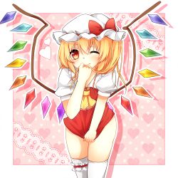  ascot blonde_hair blush bottomless bow bridal_garter commentary_request covering_crotch covering_privates female flandre_scarlet hair_in_own_mouth hat hat_bow heart heart_background light_smile long_hair mob_cap one_eye_closed red_eyes solo thighhighs touhou white_hat white_thighhighs wings yuria_(kittyluv) 