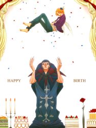  barefoot birthday black_eyes black_hair cake cape caster_(fate/zero) closed_eyes fate/stay_night fate/zero fate_(series) flower food happy highres jacket male male_focus open_mouth orange_hair pants rose serious short_hair sweets uryuu_ryuunosuke 