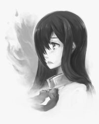  bow bowtie burn_scar female fire greyscale hair_over_one_eye ikezawa_hanako katawa_shoujo lips long_hair monochrome portrait sad scar school_uniform shirt signature softmode solo yamaku_high_school_uniform 