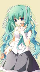  aqua_eyes aqua_hair bad_id bad_pixiv_id bare_shoulders blouse casual female hair_ribbon halterneck hatsune_miku long_hair mouth_hold pf photoshop_(medium) ribbon ribbon_in_mouth shirt skirt smile solo twintails very_long_hair vocaloid 