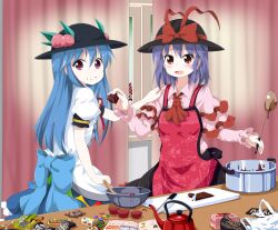  2girls :t apron ascot blue_hair blush candy capelet chocolate chocolate_bar chocolate_making commentary_request cooking_pot cutting_board eating feeding food fruit hand_on_another&#039;s_shoulder hat hat_ribbon himekaidou_hatate hinanawi_tenshi kettle kitchen kitchen_knife knife ladle long_hair marble_chocolate meiji_(brand) meiji_black_chocolate meiji_milk_chocolate meltykiss multiple_girls nagae_iku open_mouth peach purple_hair red_eyes ribbon ruu_(tksymkw) shirt short_hair skirt takenoko_no_sato touhou valentine 