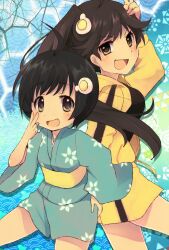  2girls araragi_karen araragi_tsukihi bad_id bad_pixiv_id black_eyes black_hair egg_hair_ornament food-themed_hair_ornament gum_(vivid_garden) hair_ornament hood hooded_track_jacket hoodie jacket japanese_clothes kimono long_hair monogatari_(series) multiple_girls nisemonogatari short_hair short_kimono siblings side_ponytail sisters track_jacket v 