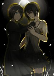  2girls asou_misaki black_hair blue_eyes blush brown_eyes brown_hair commentary_request dress fatal_frame fatal_frame_4 full_moon highres kurozatou_owata miya_(fatal_frame) moon multiple_girls night short_dress short_hair thighhighs 