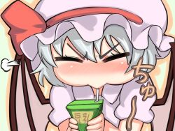  bat_wings blue_hair blush closed_eyes commentary_request dress drinking drinking_straw female gigokku hat juice_box mouth_hold puffy_cheeks remilia_scarlet short_hair solo steam touhou wings 