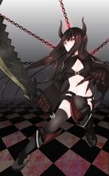  bad_id bad_pixiv_id bikini bikini_top_only black_gold_saw black_hair black_rock_shooter chains colored_skin cropped_jacket female horns jacket king_saw long_hair miteli red_eyes red_hair red_theme short_shorts shorts swimsuit sword thighhighs unzipped very_long_hair weapon white_skin 