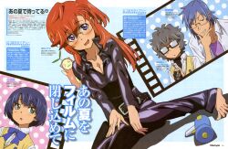  2boys 2girls absurdres ano_natsu_de_matteru barefoot blue_eyes blue_hair blush breasts cleavage feet glasses highres long_hair looking_at_viewer magazine_scan medium_breasts multiple_boys multiple_girls newtype no_shoes official_art one_side_up open_mouth red_hair scan takatsuki_ichika tanaka_masayoshi tanigawa_kanna text_focus toes 