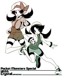  2girls alternate_costume bad_id bad_pixiv_id bike_shorts copyright_name dual_persona earrings ginkun hat highres holding holding_poke_ball jewelry kris_(pokemon) monochrome multiple_girls photoshop_(medium) poke_ball pokemon pokemon_adventures ribbon smile star_(symbol) star_earrings twintails 