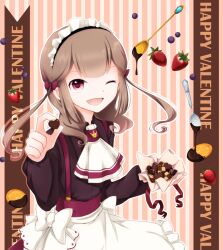  akaimo_satsuma apron bow brown_hair candy chocolate crossdressing crown dress english food fruit goma_(11zihisin) hairbow long_hair maid maid_apron maid_headdress male male_focus oerba_yun_fang open_mouth pink_eyes ribbon satsuma_(goma) skirt smile solo trap twintails valentine wink 