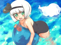  ball beachball black_hairband blush commentary_request female gigokku green_eyes hair_ribbon hairband konpaku_youmu konpaku_youmu_(ghost) one-piece_swimsuit open_mouth ribbon short_hair smile solo swimsuit touhou water white_hair 