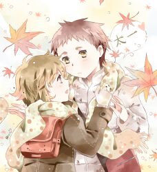  1boy adjusting_clothes aged_down ayase_chihaya backpack bad_id bad_pixiv_id bag blush brown_eyes brown_hair chihayafuru female gloves hetiru jacket leaf mashima_taichi open_mouth photoshop_(medium) scarf smile yellow_eyes 