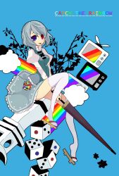  :p bad_id bad_pixiv_id blue_eyes blue_hair closed_umbrella cloud dice female heterochromia highres ngayope rainbow red_eyes short_hair skirt solo stone_lantern tatara_kogasa television thighhighs tongue tongue_out touhou umbrella white_thighhighs zettai_ryouiki 