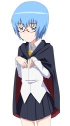  blue_eyes blue_hair cape commentary_request dress_shirt female glasses shirt short_hair solo tabitha_(zero_no_tsukaima) yoshida_keiji zero_no_tsukaima 