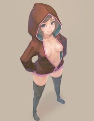  breasts brown_hair commentary_request female grey_eyes grin hands_on_own_hips hood hoodie medium_breasts naked_hoodie no_bra no_shoes original smile solo thighhighs weno 