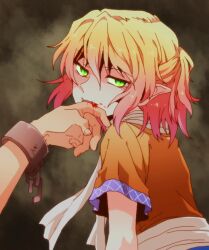  biting blonde_hair blood commentary_request female gradient_hair green_eyes hands hoshiguma_yuugi jitome mizuhashi_parsee multicolored_hair naughty_face photoshop_(medium) pointy_ears rex_k scarf short_sleeves slit_pupils solo_focus staring touhou 