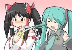  2girls black_eyes black_hair blush bow commentary_request crossover detached_sleeves e_saiba gradient_background green_hair hair_tubes hairbow hakurei_reimu hatsune_miku headphones long_hair multiple_girls necktie no_nose photoshop_(medium) shide smile spring_onion sweat touhou twintails vocaloid 